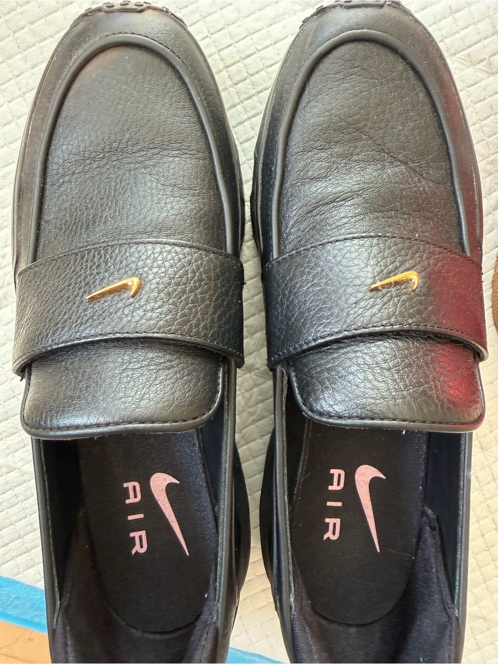 Nike Black Leather Slip-On Loafers with Gold Swoosh